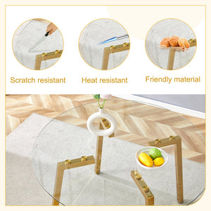 English Elm Modern Round Tempered Glass Dining Table with Gold 7-Shaped Legs, 47.3" Clear Top, Durable Luxury W1151S01881