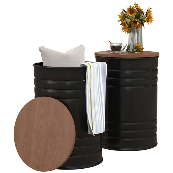 English Elm HOMCOM Nesting Storage Ottomans Set of 2 with Walnut Tops & Black Metal Frame, Hidden Lift-Top Storage, Farmhouse Accent W2225P173821