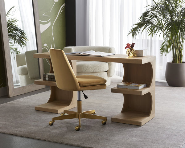 Sunpan Catrine Desk - Handcrafted Mid-Century Modern Design with Unique Curves and Artisan Shelving Elements Rustic Oak