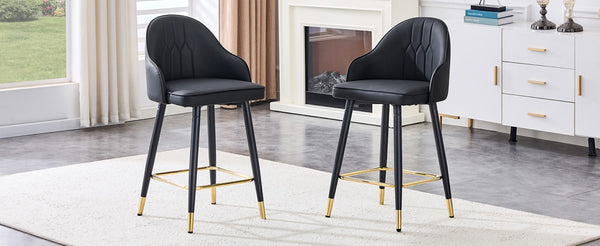 English Elm Set of 2 Pu Leather Barstools with Gold Footrest Curved Back for Kitchen Island Black W1151P383770