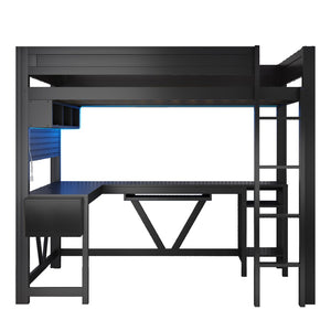 English Elm Wood Full Size Gaming Loft Bed With Integrated Desk, Charging Station & Led Lights - Black Finish N7090004022B-GIGA