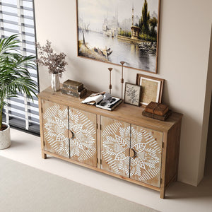 English Elm 60"Wood Vintage Accent Cabinet 4 Doors Antique Brown & White MDF Buffet Console for Living Room Storage W2295P306897
