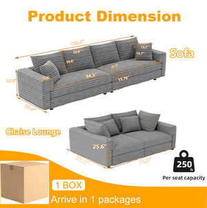 English Elm 102.4" Plush Corduroy 4-Seat Sofa - Modern Cloud Couch With Movable Ottoman & Soft Pillows For Comfort W1885S00106