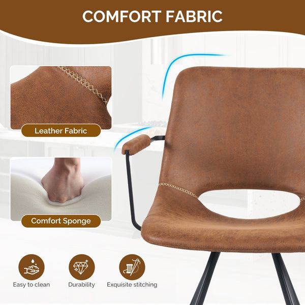 English Elm Brown Mid-Century Leather Dining Chairs Set of 2 with Cushions, Metal Legs, Noise-Free Pads, 300 lb Capacity T3950P396565