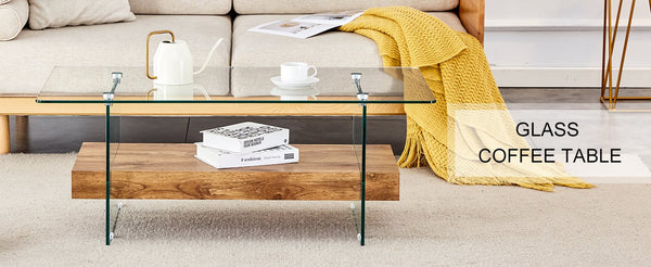 English Elm 40.3-inch Retro Double-Layer Coffee Table with Tempered Glass Shelves, Wood-Grain Finish, 250lb Capacity W1512P317685