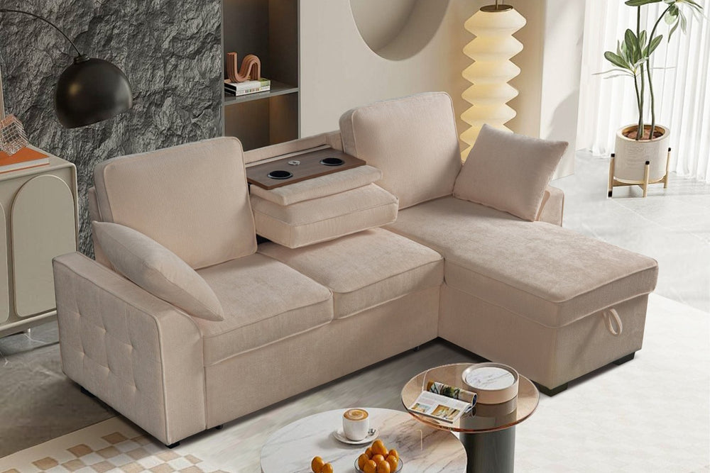 English Elm Multi Functional Sectional Sofa with Plush Seating Adjustable Backrests and Hidden Storage Beige B2730S00058