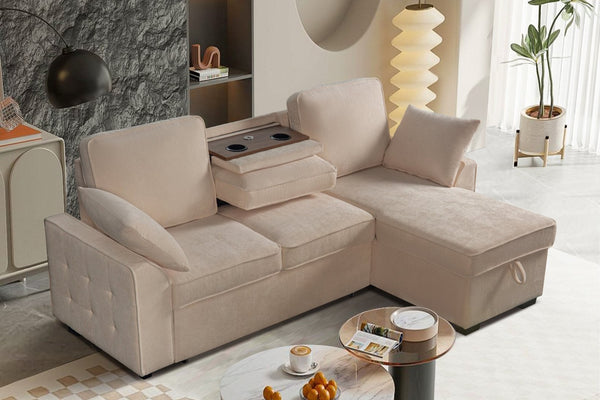 English Elm Multi Functional Sectional Sofa with Plush Seating Adjustable Backrests and Hidden Storage Beige B2730S00058
