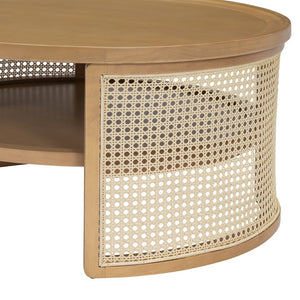 English Elm 2-Tiered Round Natural Wood Coffee Table with Rattan Storage Shelf, Thick Top, Curved Edge Design 31.3" N735P185131N