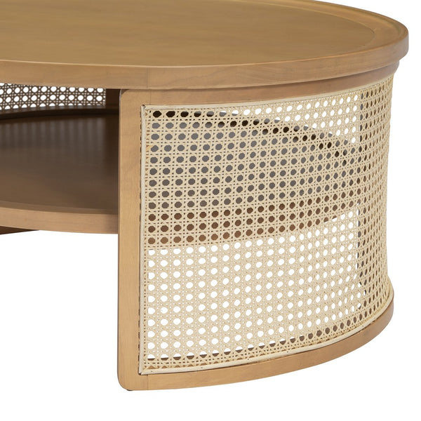 English Elm 2-Tiered Round Natural Wood Coffee Table with Rattan Storage Shelf, Thick Top, Curved Edge Design 31.3" N735P185131N