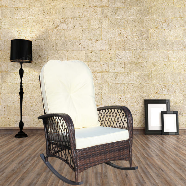 English Elm Outdoor Wicker Rocking Chair with Wide Seat, Thick Removable Cushion, Steel Frame, Weather-Resistant Rocker for Patio Garden Relaxation Brown+Beige W209P265086