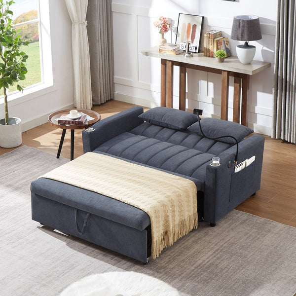 English Elm 55.9" Convertible Sofa Bed Loveseat with 3 USB Ports, Cup Holders, Side Pockets & 360° Phone Swivel Blue-gray WF322620AAC