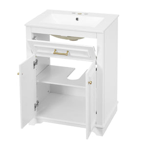 English Elm 24" Matte Single Sink Vanity Solid Poplar Frame Gold Hardware Soft Close Cabinet White N710P389449K
