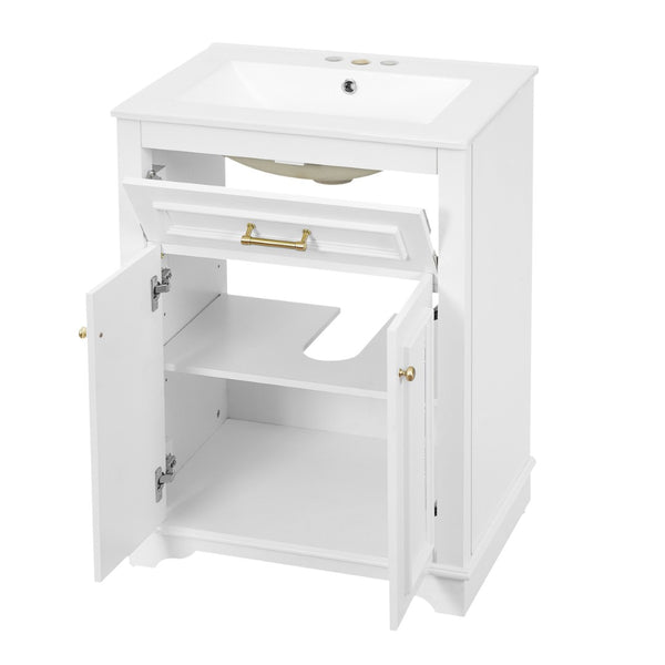 English Elm 24" Matte Single Sink Vanity Solid Poplar Frame Gold Hardware Soft Close Cabinet White N710P389449K