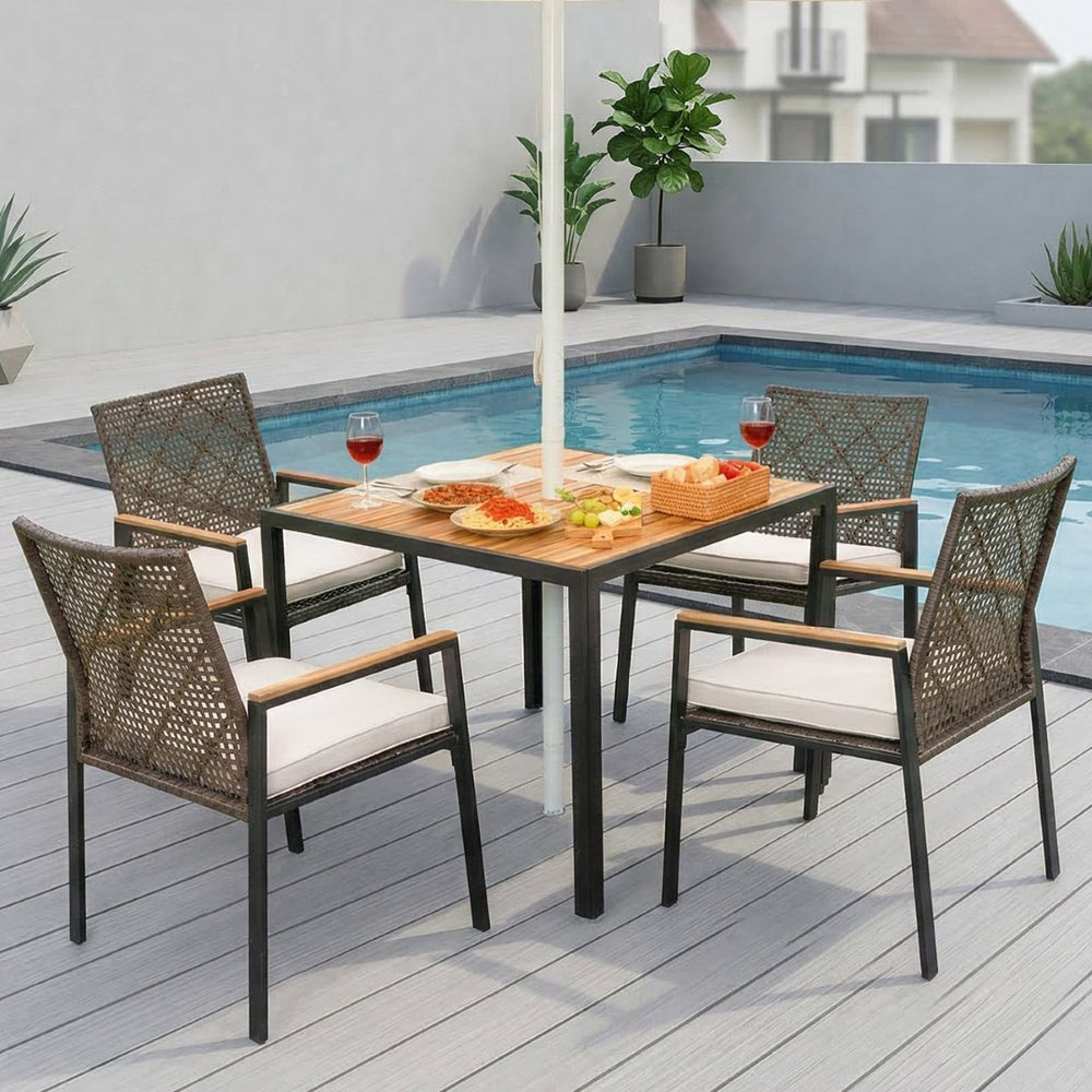 English Elm All Weather Outdoor Rattan Dining Set with Acacia Wood Top and Umbrella Hole W2391S00001