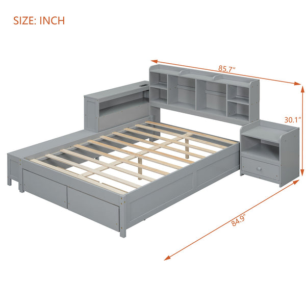 English Elm Full Size Wooden Platform Bed With Storage, Nightstand, Usb Desk, 2 Drawers - Stylish Gray Design N820S00029E