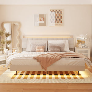English Elm King Velvet Floating Bed Frame with LED RGB Lights, USB Charging, Hidden Headboard Storage, Beige W636P178861