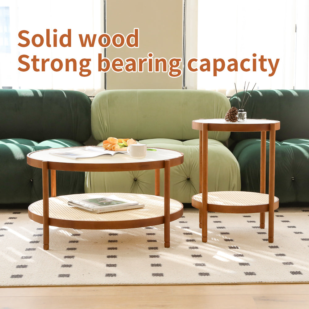 English Elm 2-Piece Modern Farmhouse Nesting Coffee Table Set — Solid Wood Round Side Tables with Glass Top, Durable Rustic Chic W2105S00001