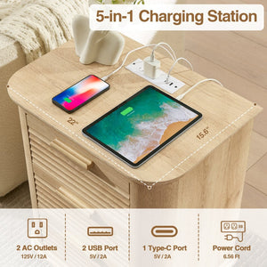 English Elm 22" Fluted Wood Nightstand with Built-in Charging Station Three Drawer Bedside Storage Oak T5326P431150
