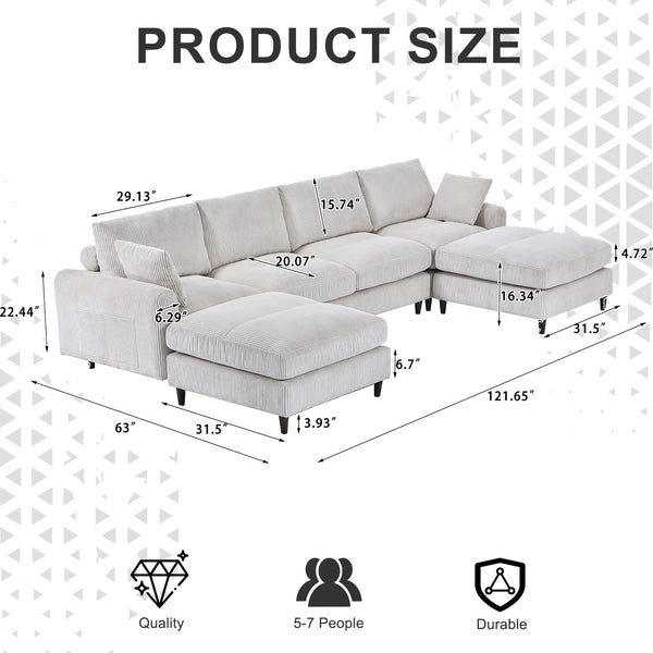 English Elm Modern corduroy modular sectional sofa U‑ or L‑shape convertible oversized seating with storage pockets adjustable headrests Beige W2121S00007