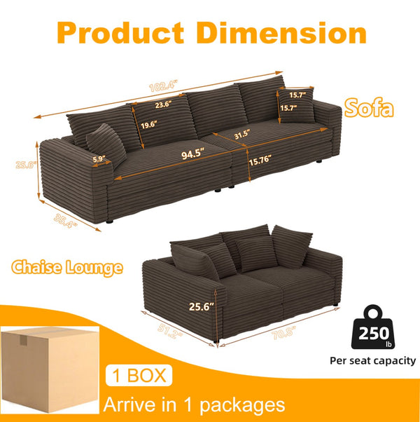 English Elm 102.4 Inch Plush Corduroy Cloud Sofa Deep Seat Four Person Convertible Lounge for Living Room Camel W1885S00344
