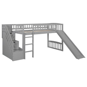 English Elm Stairway Twin Loft Bed with Storage Staircase Slide and Guardrails for Kids Gray LT000515AAE-1