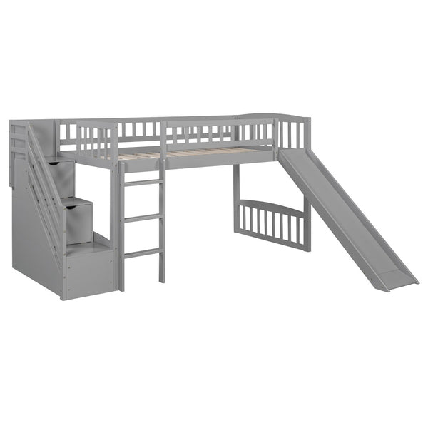 English Elm Stairway Twin Loft Bed with Storage Staircase Slide and Guardrails for Kids Gray LT000515AAE-1