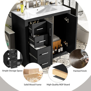 English Elm 36'' Bathroom Vanity with Ceramic Sink Combo, Solid Wood Frame, Soft-Close Drawers and Stylish Retro Groove Design Black N710P291684B