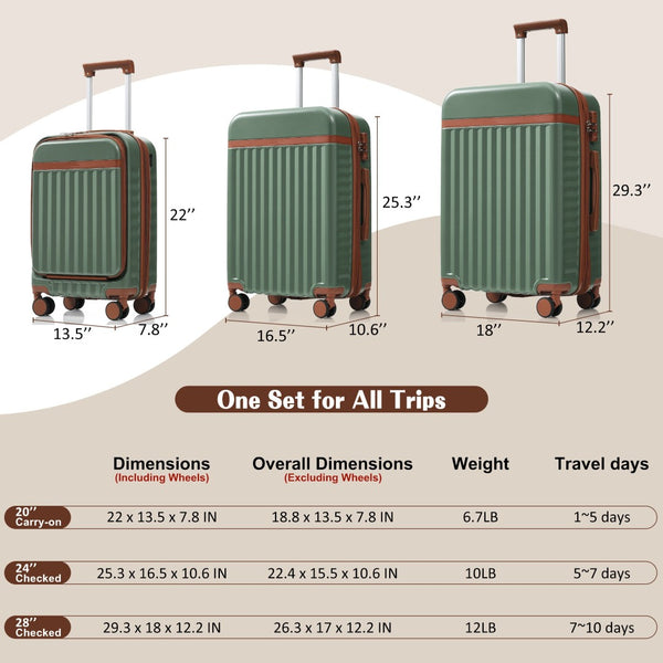 English Elm Luggage 3 Piece Abs Hard Shell Set with Usb Port Front Access and Spinner Wheels Green N726P307555E