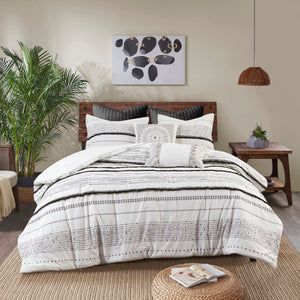 English Elm Full/Queen Cotton Printed Duvet Cover Set with Trims — 100% Percale, Tufted Boho Stripes, Hidden Closures B03596487