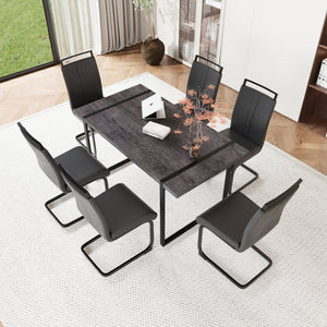English Elm 59 Inch Industrial Farmhouse Dining Set with Mdf Table and Six Upholstered Chairs Black W2189S00926