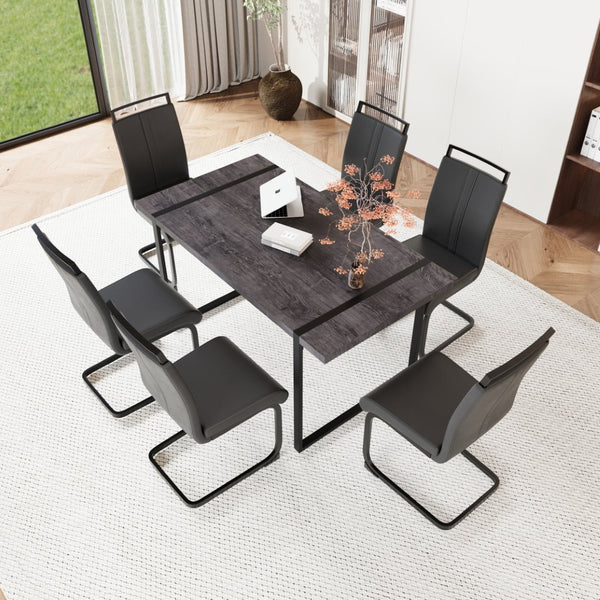 English Elm 59 Inch Industrial Farmhouse Dining Set with Mdf Table and Six Upholstered Chairs Black W2189S00926
