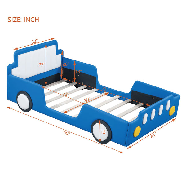 English Elm Twin Race Car-Shaped Platform Bed with Safety Rails and Sturdy Slats for Kids’ Room Comfort Blue SF000127AAC