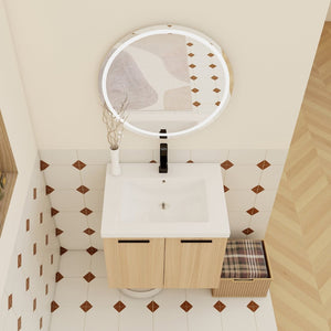 English Elm 24" Floating Oak Plywood Bathroom Vanity Set with Glossy Resin Sink Scandinavian Style W3450S00068