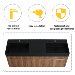 English Elm 60 Inch Wall-Mounted Bathroom Vanity With Double Black Resin Sink For Modern Elegance & Functionality W999S00251