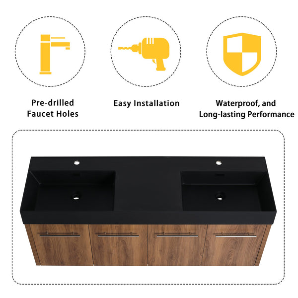 English Elm 60 Inch Wall-Mounted Bathroom Vanity With Double Black Resin Sink For Modern Elegance & Functionality W999S00251
