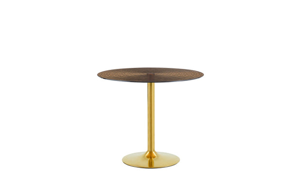 English Elm 35 Inch Round Brown Tempered Glass Dining Table with Gold Column Pedestal Base W1151P453154