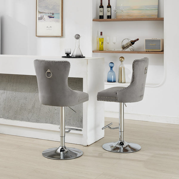 English Elm Thick Velvet Swivel Barstools with 17.7" Chrome Base, Tufted Diamond Pleating, Comfort Foam Seats Gray W1143P335043