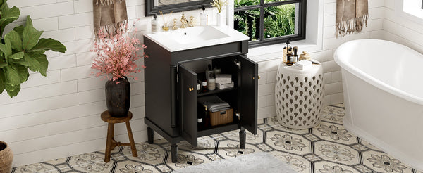 English Elm 24'' Modern Bathroom Vanity with Ceramic Basin, Solid Wood Frame, Soft-Close Doors, Ample Storage Black N710P190503B