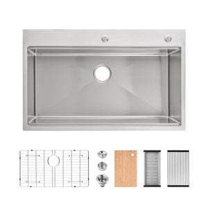 English Elm Stainless Handmade 36 Inch Single Bowl Drop-in Kitchen Sink with Accessories Included T3177P296185