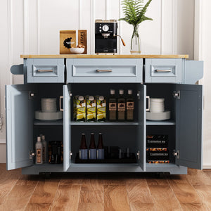 English Elm K&K 54" Farmhouse Kitchen Island with Embossed Texture, Drop Leaf, Soft-Close Drawers & Wheels Grey+Blue N707P195395G