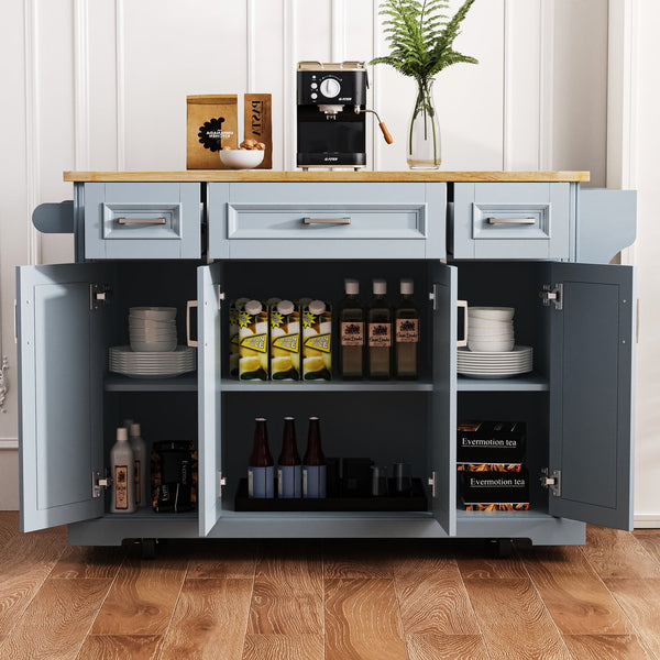 English Elm K&K 54" Farmhouse Kitchen Island with Embossed Texture, Drop Leaf, Soft-Close Drawers & Wheels Grey+Blue N707P195395G