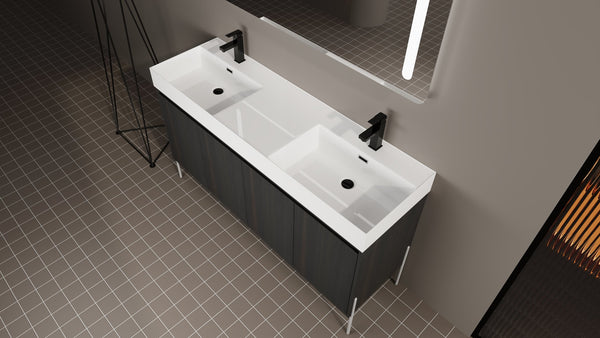 English Elm 60" Freestanding Bathroom Vanity with Dual Resin Sinks, Spacious Soft-Close Cabinet Storage, Durable Finish Dark Oak W1972S00016