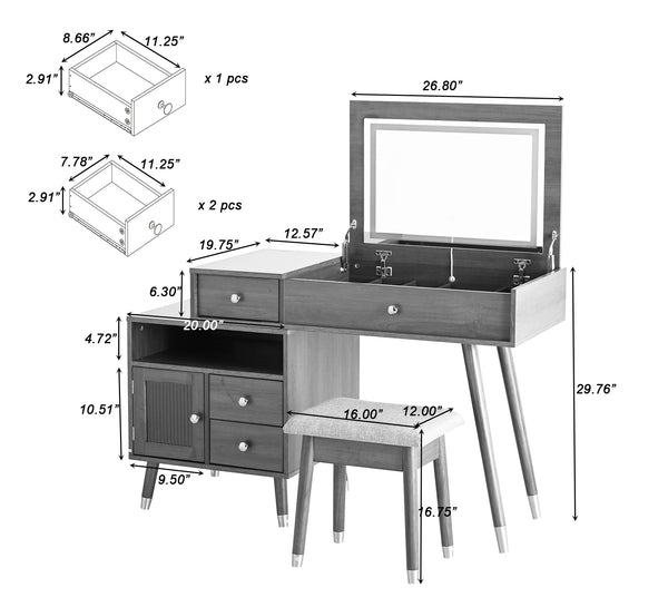 English Elm 3-in-1 Vanity Desk with LED Flip Mirror, Compact Makeup/Dressing Table with Storage Drawers & Stool White N844P291656A