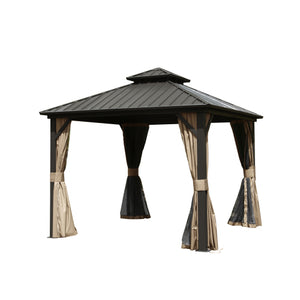 English Elm 8' Hardtop Gazebo Pavilion with Double Ventilated Roof, Aluminum Frame, Curtains & Mosquito Netting Brown W1859S00112