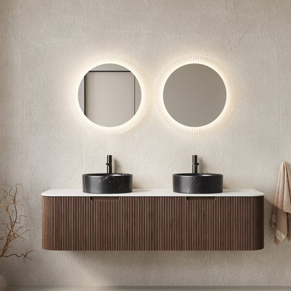 English Elm Dina 60 Inch Floating Bathroom Vanity Sintered Stone Top Dual Glass Basins Wood Grain Black,Carrara White,Walnut W2615S00714