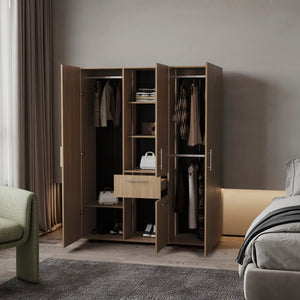 English Elm FM FURNITURE Alamo Lake Armoire 4-Door Multi-Storage with Shelves, Hanging Rods & Smooth Drawer in Oak B128S00050