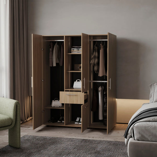 English Elm FM FURNITURE Alamo Lake Armoire 4-Door Multi-Storage with Shelves, Hanging Rods & Smooth Drawer in Oak B128S00050