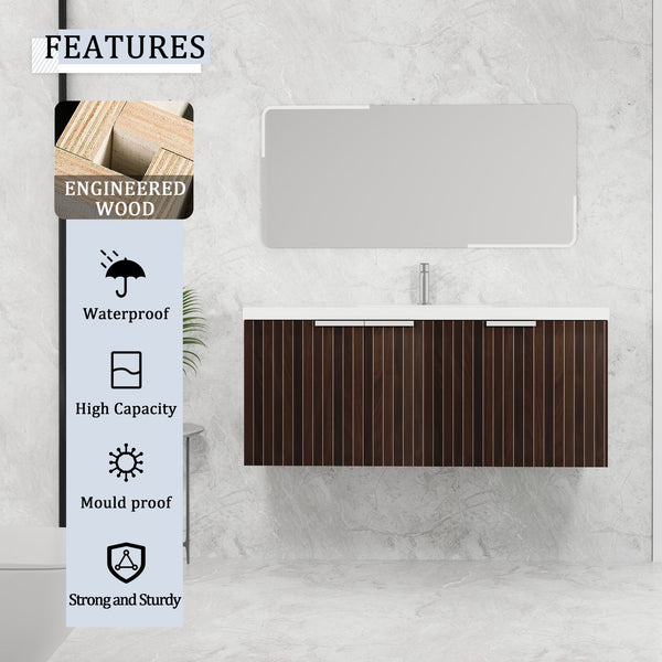 English Elm 48 Inch Silver-Brown Stripe Vanity with Resin Sink, Wall-Mounted 3-Door Storage, Soft-Close Hinges W999P206328