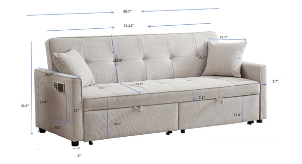 English Elm 3 Convertible Sleeper Sofa Bed with Pull-Out Chaise, Storage Armrests & Pockets, Compact Loveseat Couch Beige W2318P265839
