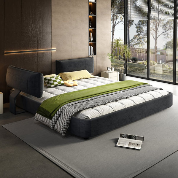 English Elm King Size Chenille Upholstered Cloud Bed Frame With Movable Padded Headboard, Dark Grey Elegance W1885S00240